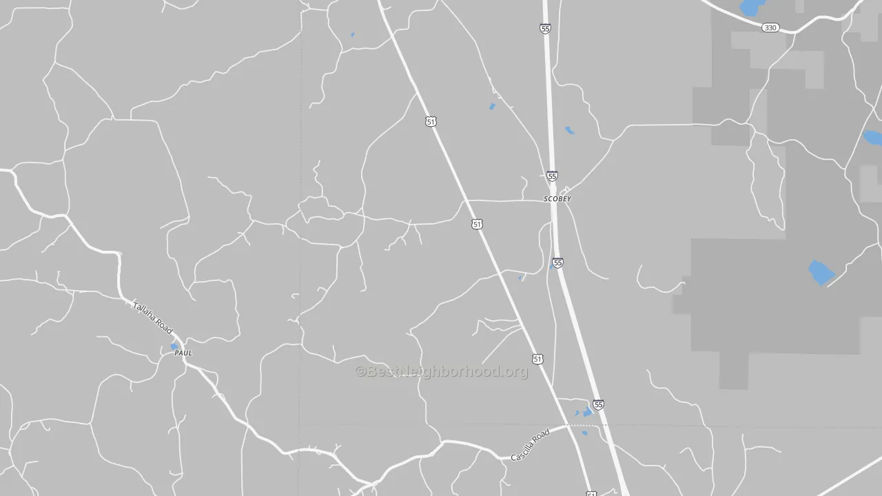 Walk Grade map of Scobey, MS, walkable areas in green and car-dependent areas in red