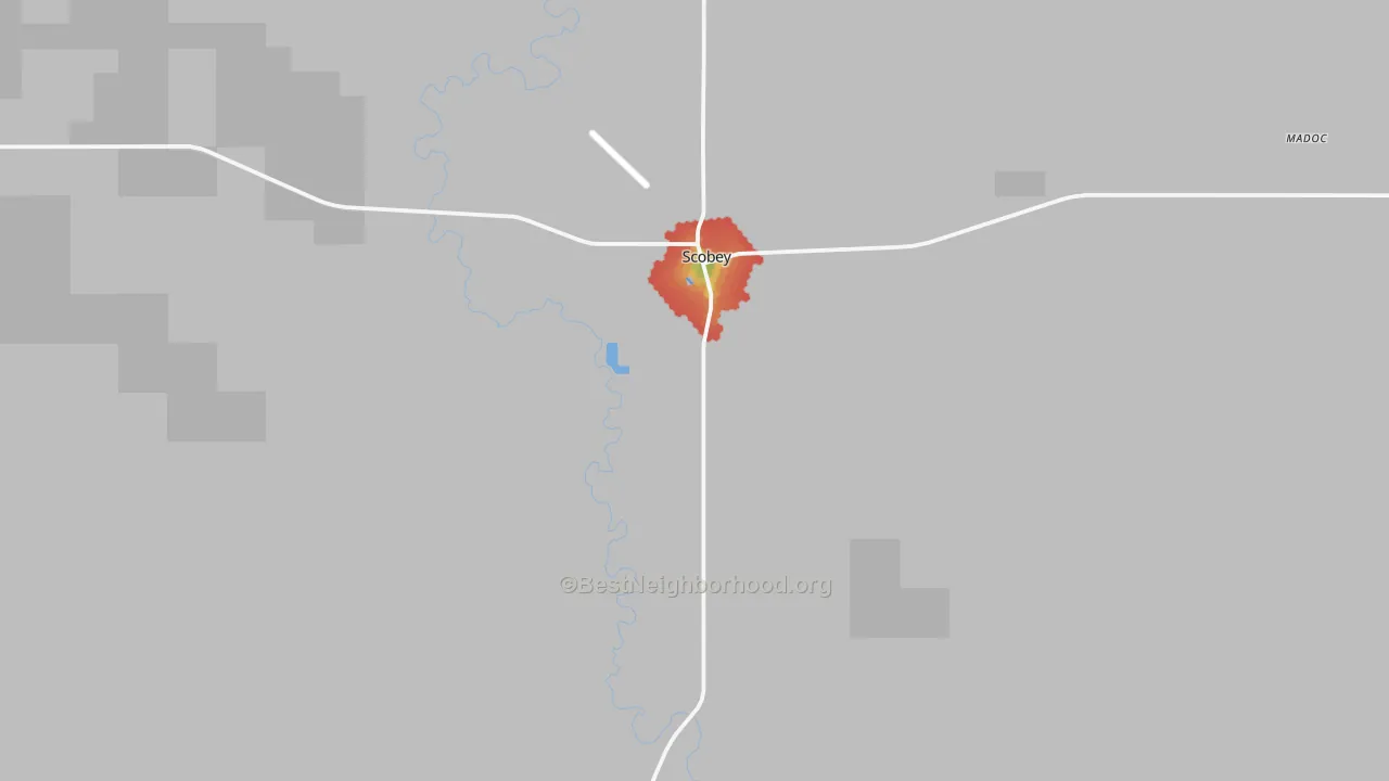 Walk Grade map of Scobey, MT, walkable areas in green and car-dependent areas in red