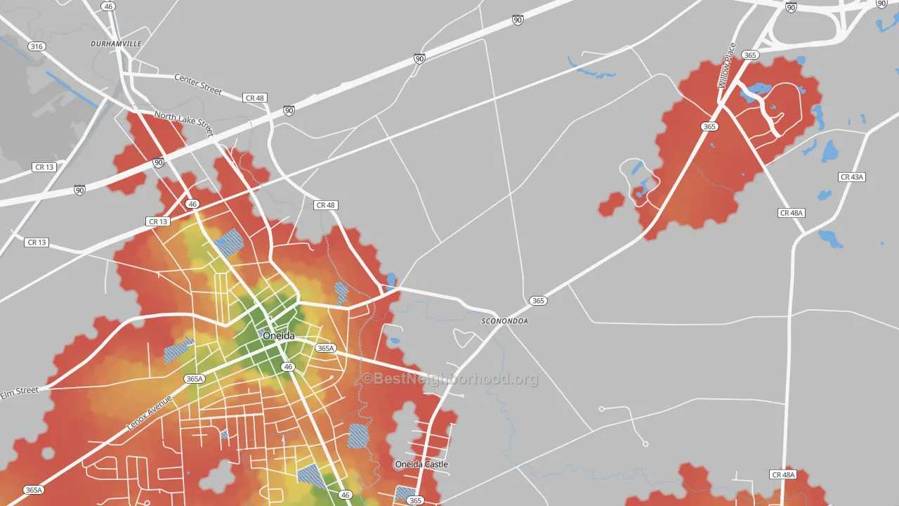Walk Grade map of Sconondoa, NY, walkable areas in green and car-dependent areas in red