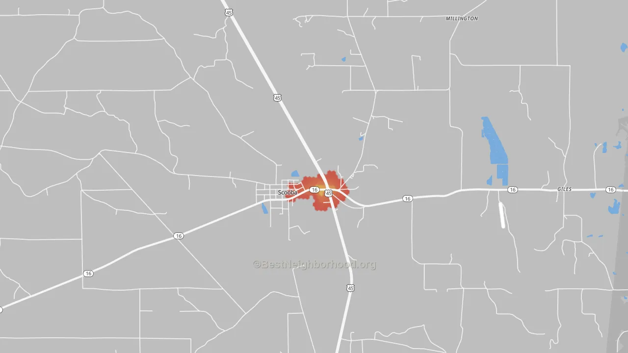 Walk Grade map of Scooba, MS, walkable areas in green and car-dependent areas in red