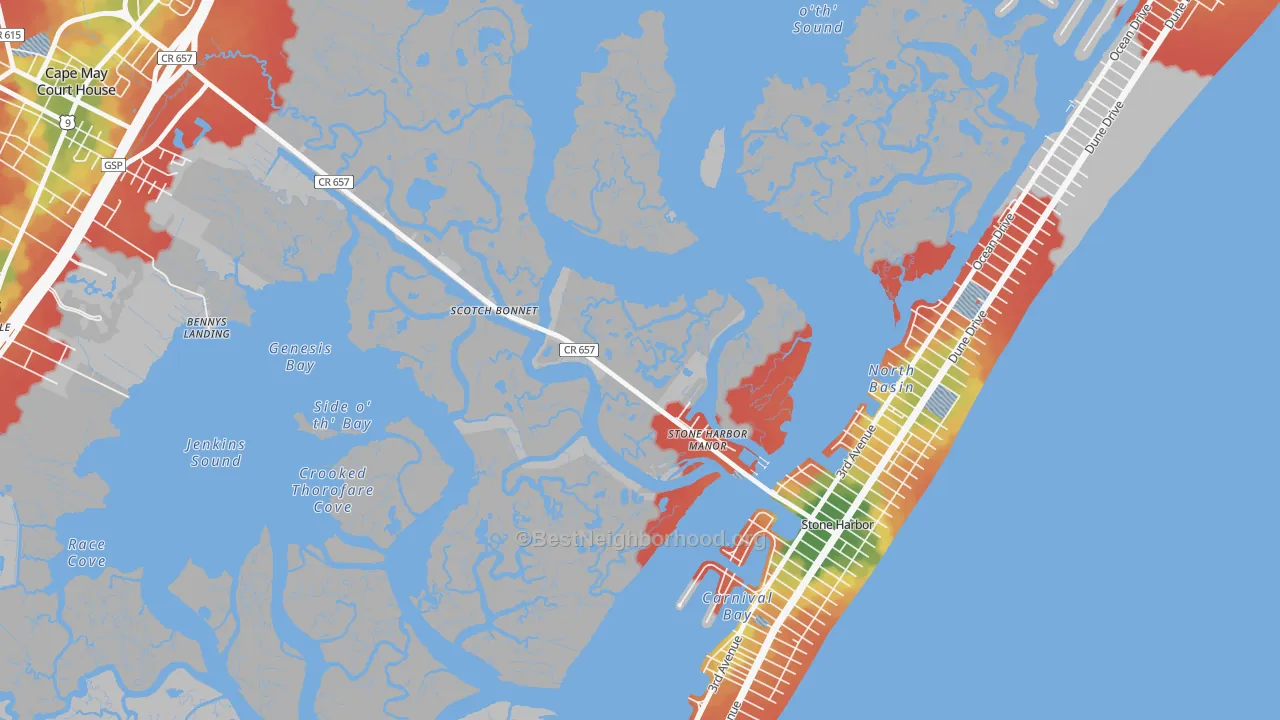 Walk Grade map of Scotch Bonnet, NJ, walkable areas in green and car-dependent areas in red
