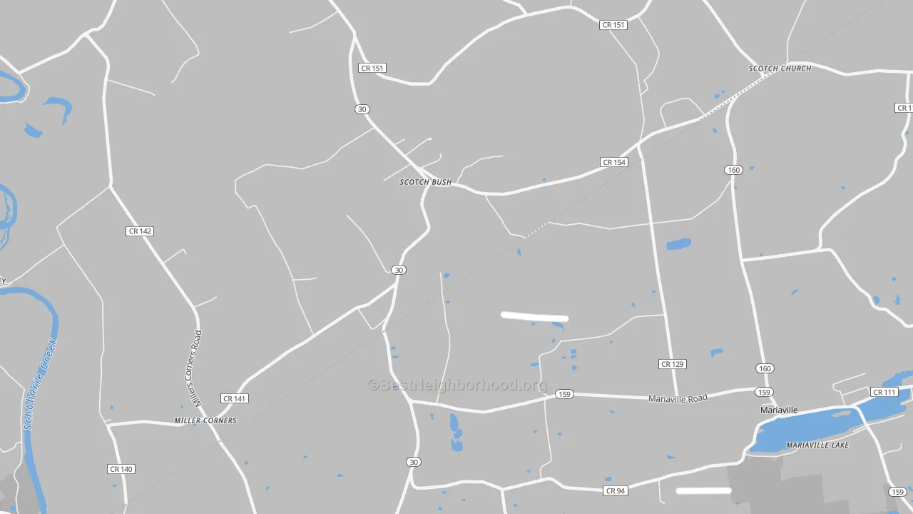 Walk Grade map of Scotch Bush, NY, walkable areas in green and car-dependent areas in red
