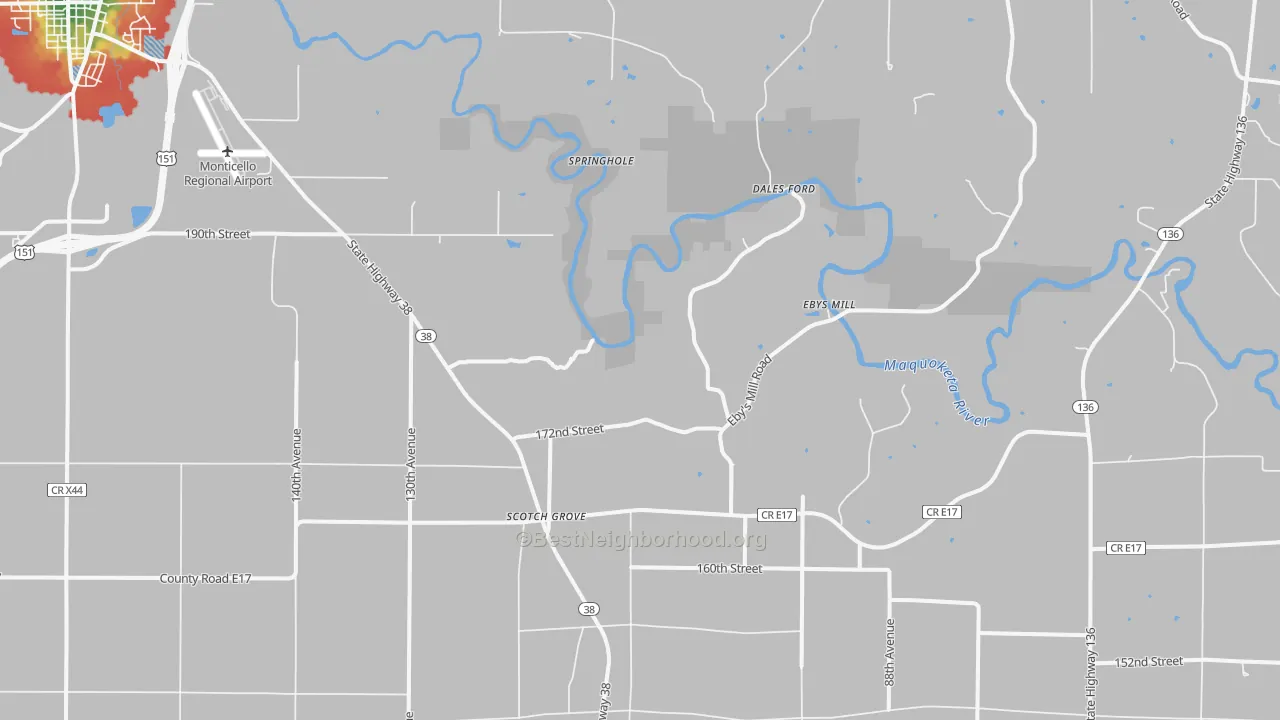 Walk Grade map of Scotch Grove, IA, walkable areas in green and car-dependent areas in red