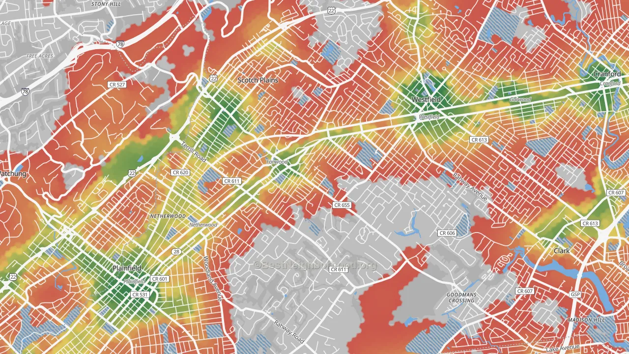 Walk Grade map of Scotch Plains, NJ, walkable areas in green and car-dependent areas in red