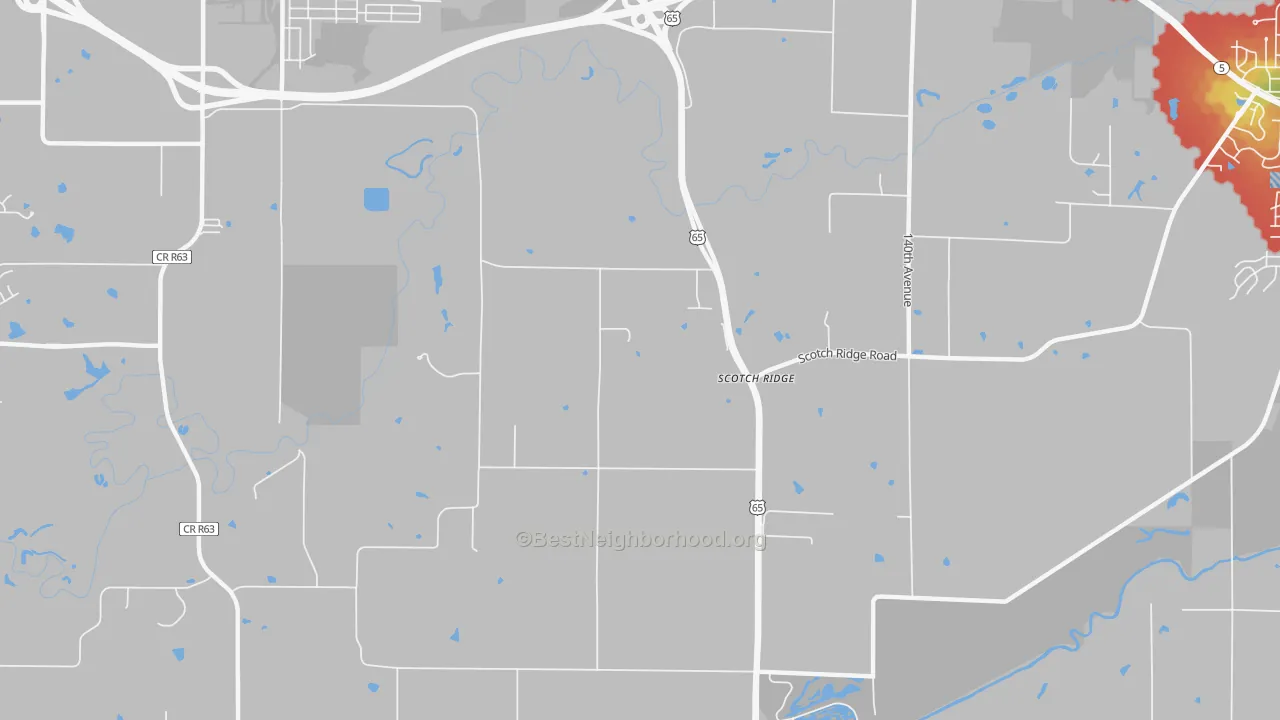 Walk Grade map of Scotch Ridge, IA, walkable areas in green and car-dependent areas in red