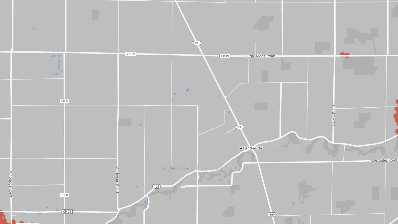 Walk Grade map of Scotch Ridge, OH, walkable areas in green and car-dependent areas in red