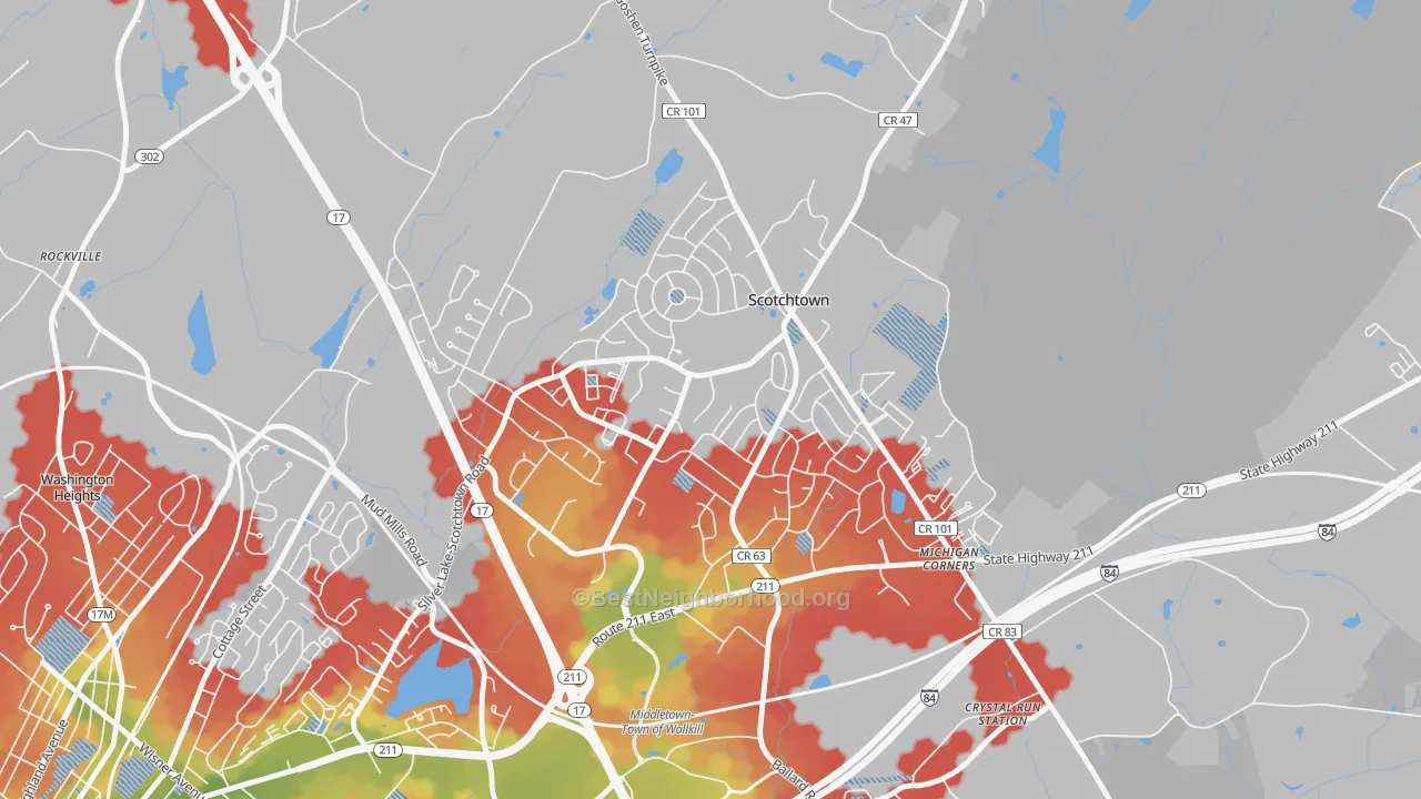 Walk Grade map of Scotchtown, NY, walkable areas in green and car-dependent areas in red