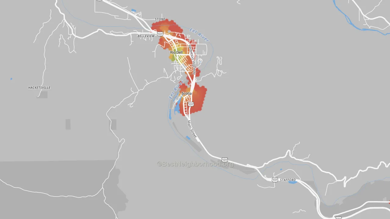 Walk Grade map of Scotia, CA, walkable areas in green and car-dependent areas in red