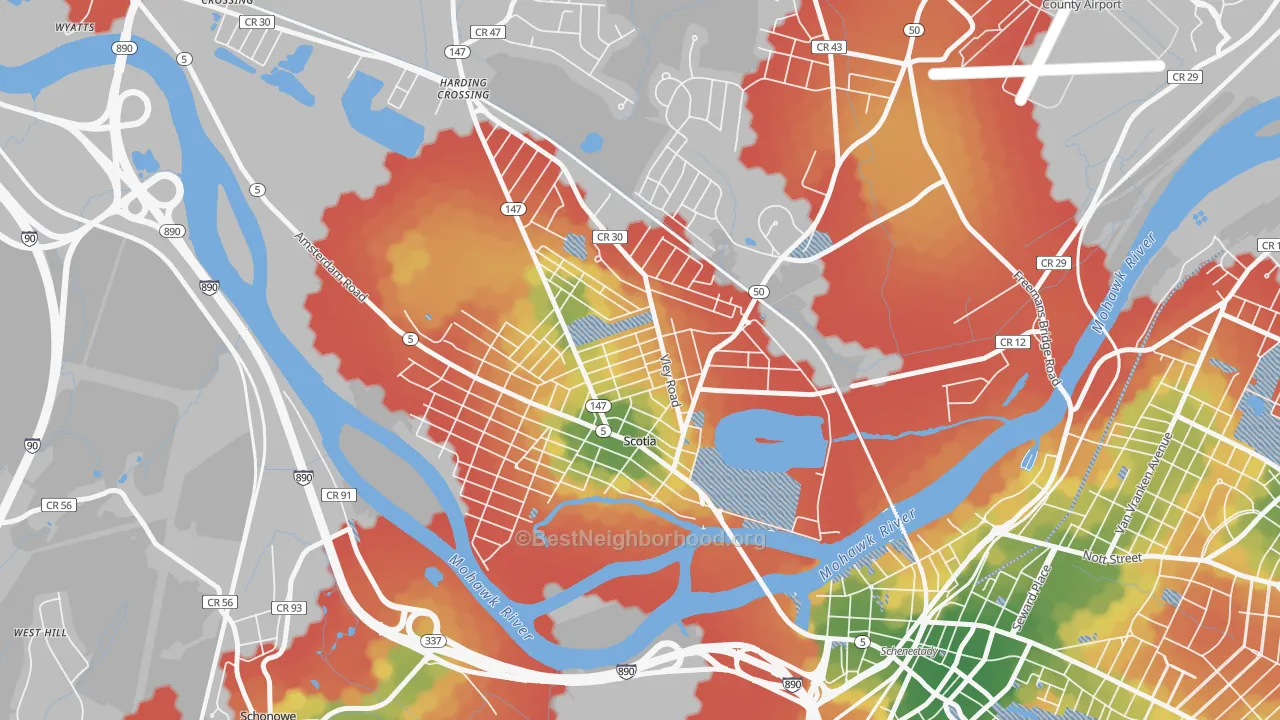 Walk Grade map of Scotia, NY, walkable areas in green and car-dependent areas in red