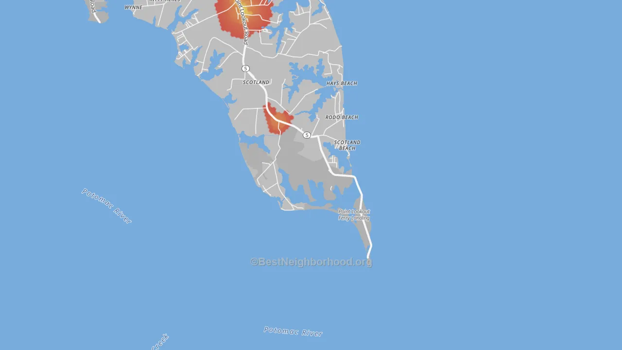 Walk Grade map of Scotland Beach, MD, walkable areas in green and car-dependent areas in red