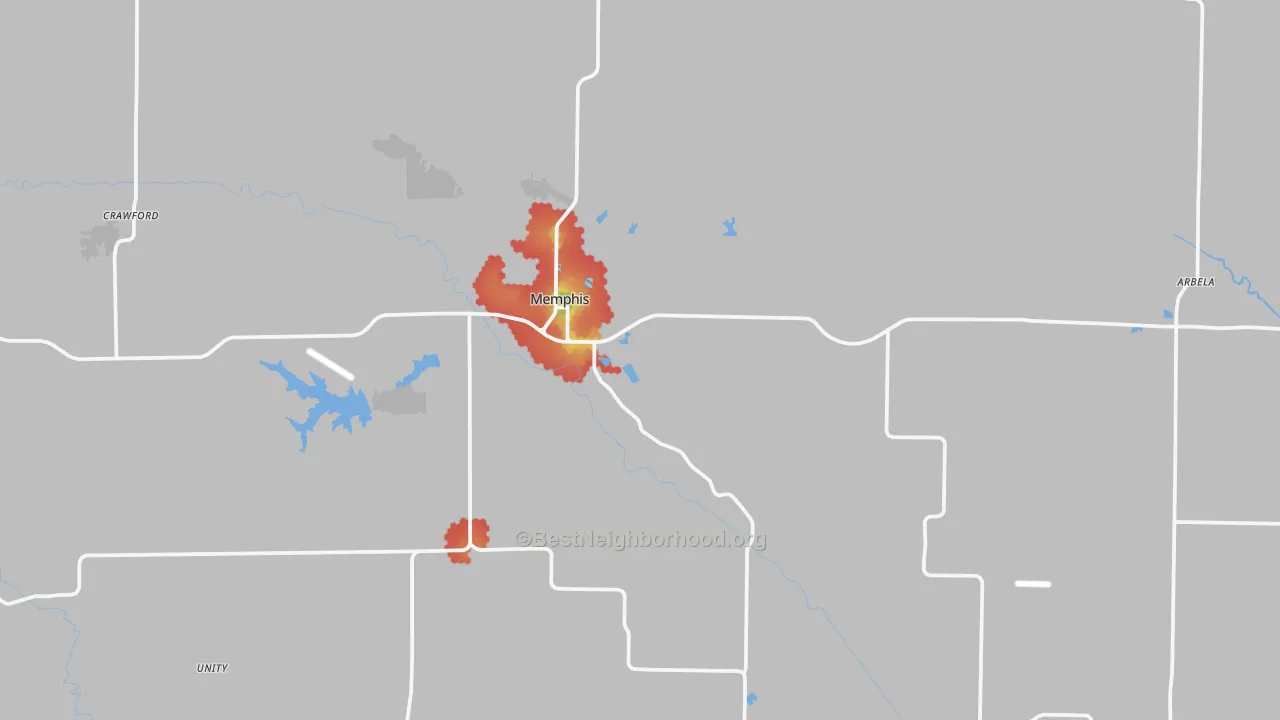 Walk Grade map of Scotland County, MO, walkable areas in green and car-dependent areas in red