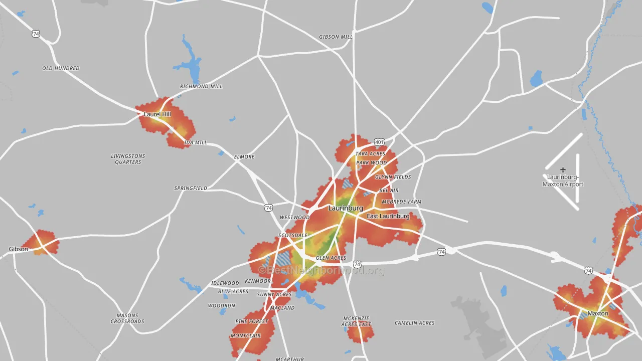 Walk Grade map of Scotland County, NC, walkable areas in green and car-dependent areas in red