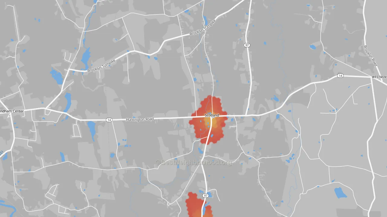 Walk Grade map of Scotland, CT, walkable areas in green and car-dependent areas in red