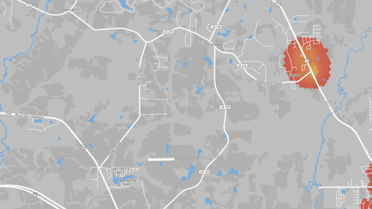 Walk Grade map of Scotland, FL, walkable areas in green and car-dependent areas in red