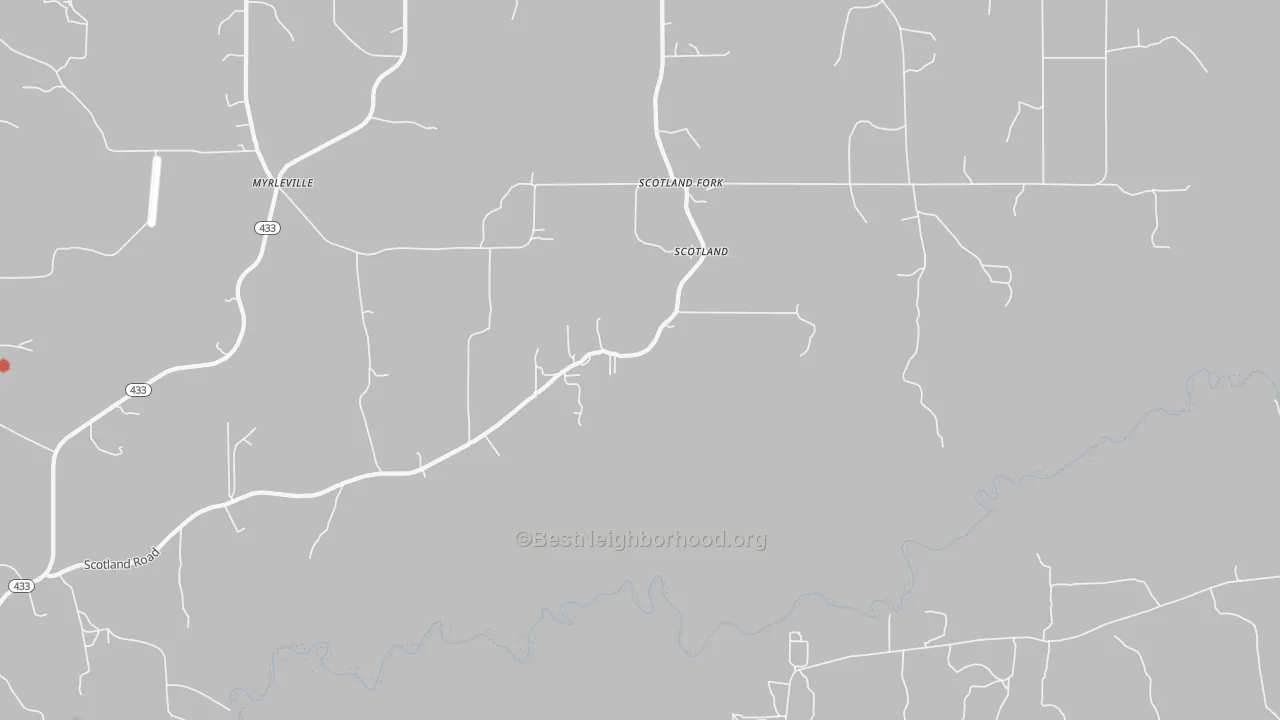 Walk Grade map of Scotland Fork, MS, walkable areas in green and car-dependent areas in red