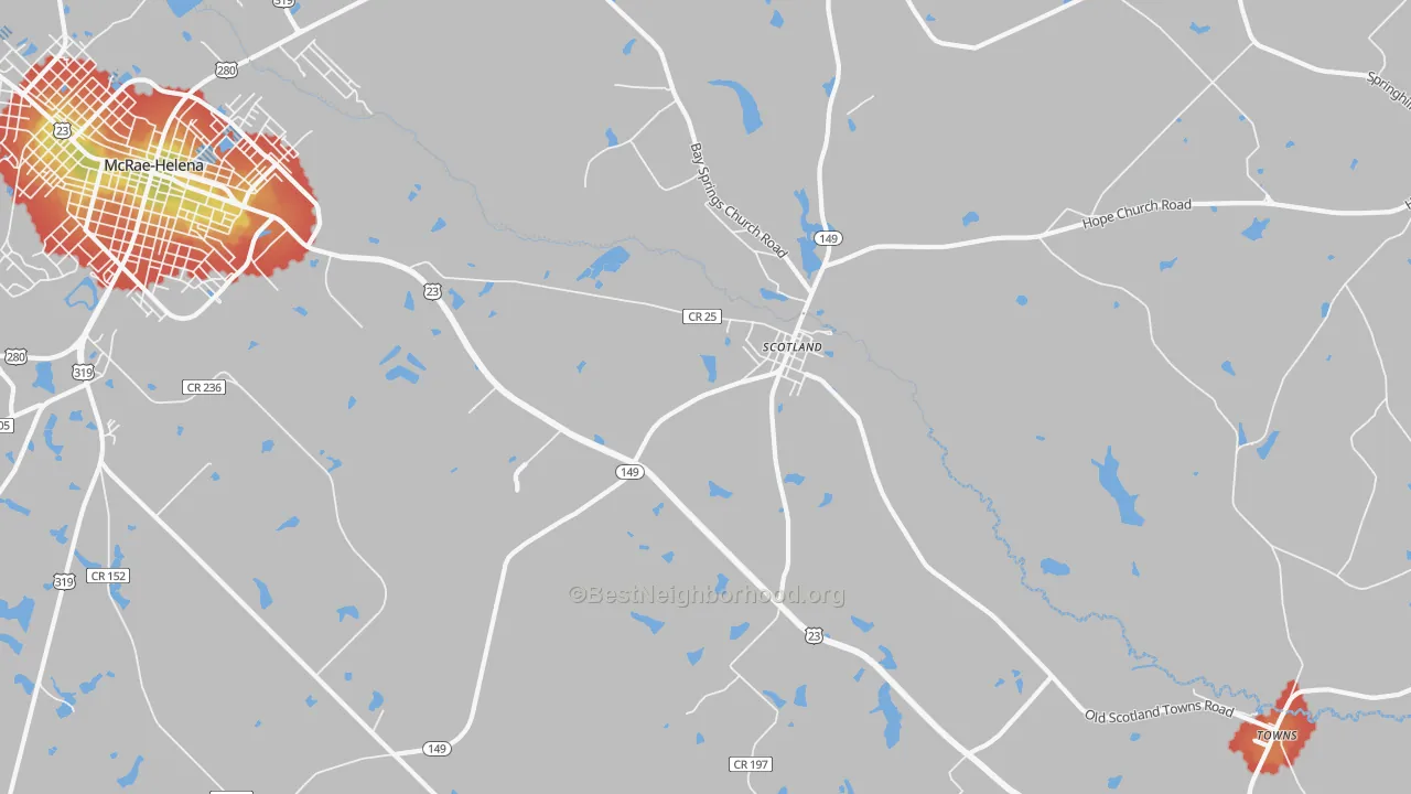 Walk Grade map of Scotland, GA, walkable areas in green and car-dependent areas in red