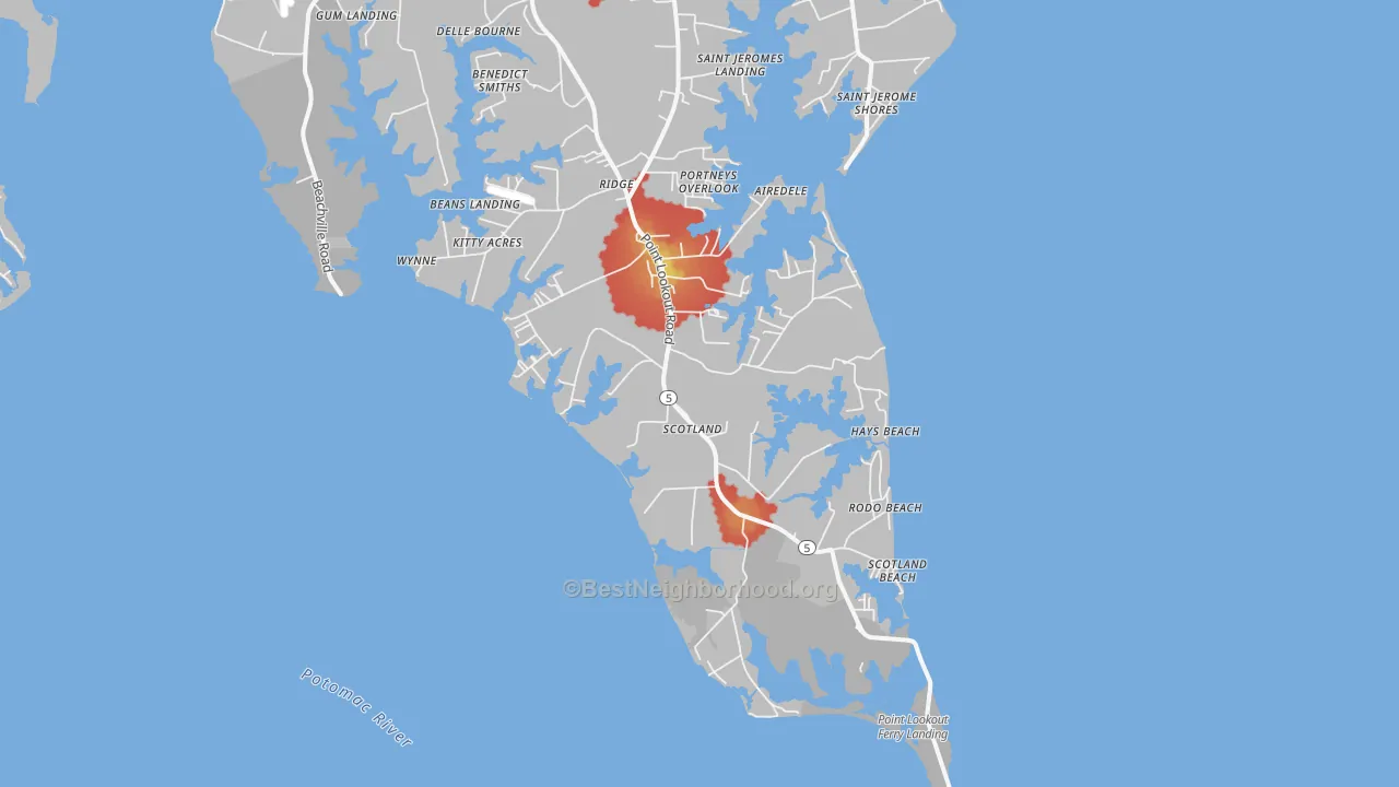Walk Grade map of Scotland, MD, walkable areas in green and car-dependent areas in red