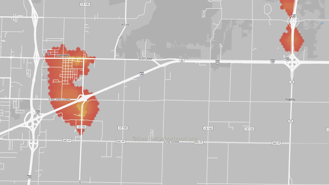 Walk Grade map of Scotland, MO, walkable areas in green and car-dependent areas in red