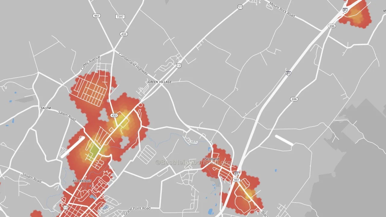 Walk Grade map of Scotland, PA, walkable areas in green and car-dependent areas in red