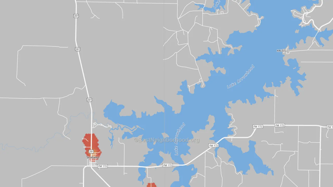 Walk Grade map of Scotland, TX, walkable areas in green and car-dependent areas in red