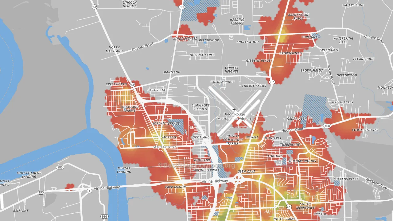 Walk Grade map of Scotlandville, Baton Rouge, LA, walkable areas in green and car-dependent areas in red