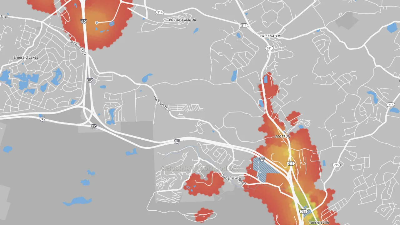 Walk Grade map of Scotrun, PA, walkable areas in green and car-dependent areas in red
