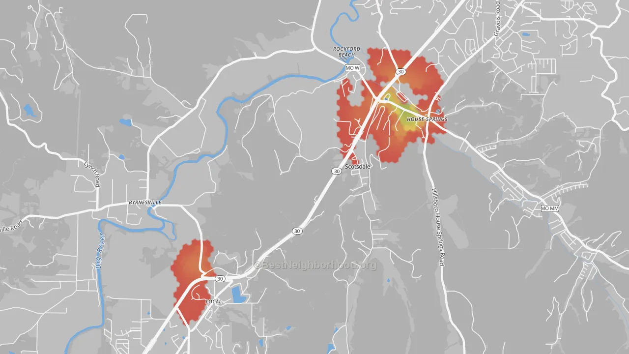 Walk Grade map of Scotsdale, MO, walkable areas in green and car-dependent areas in red
