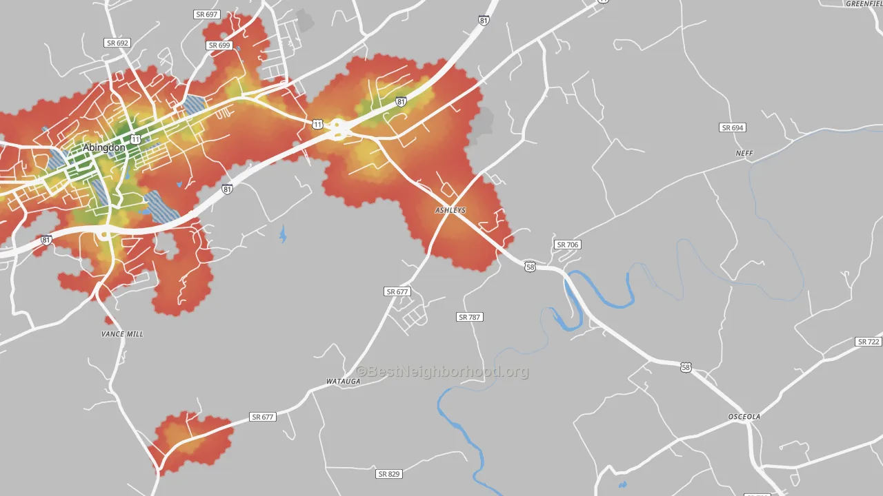 Walk Grade map of Scott Addition, VA, walkable areas in green and car-dependent areas in red