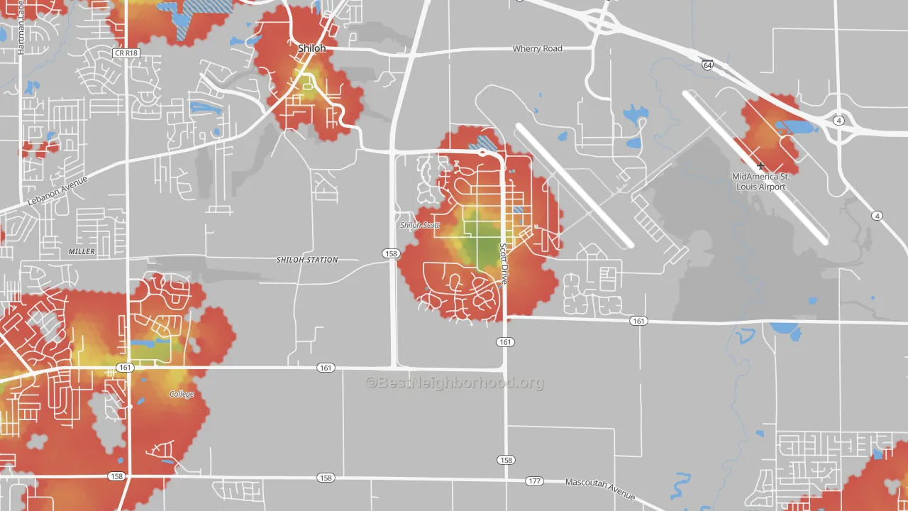 Walk Grade map of Scott AFB, IL, walkable areas in green and car-dependent areas in red