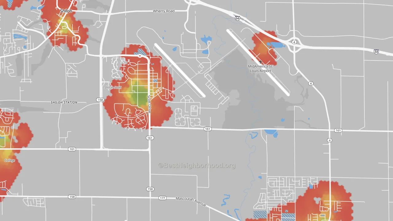 Walk Grade map of Scott Air Force Base, IL, walkable areas in green and car-dependent areas in red