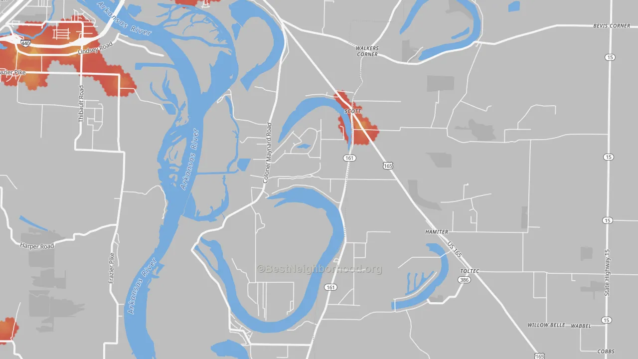 Walk Grade map of Scott, AR, walkable areas in green and car-dependent areas in red