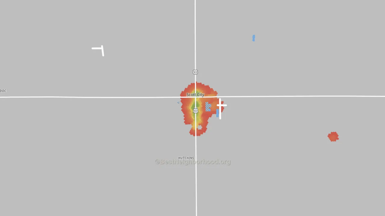 Walk Grade map of Scott City, KS, walkable areas in green and car-dependent areas in red