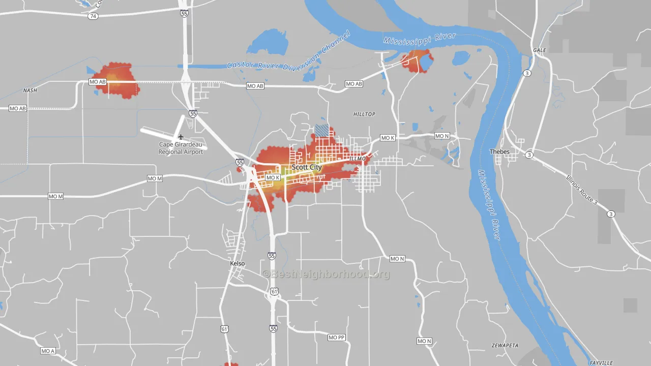 Walk Grade map of Scott City, MO, walkable areas in green and car-dependent areas in red