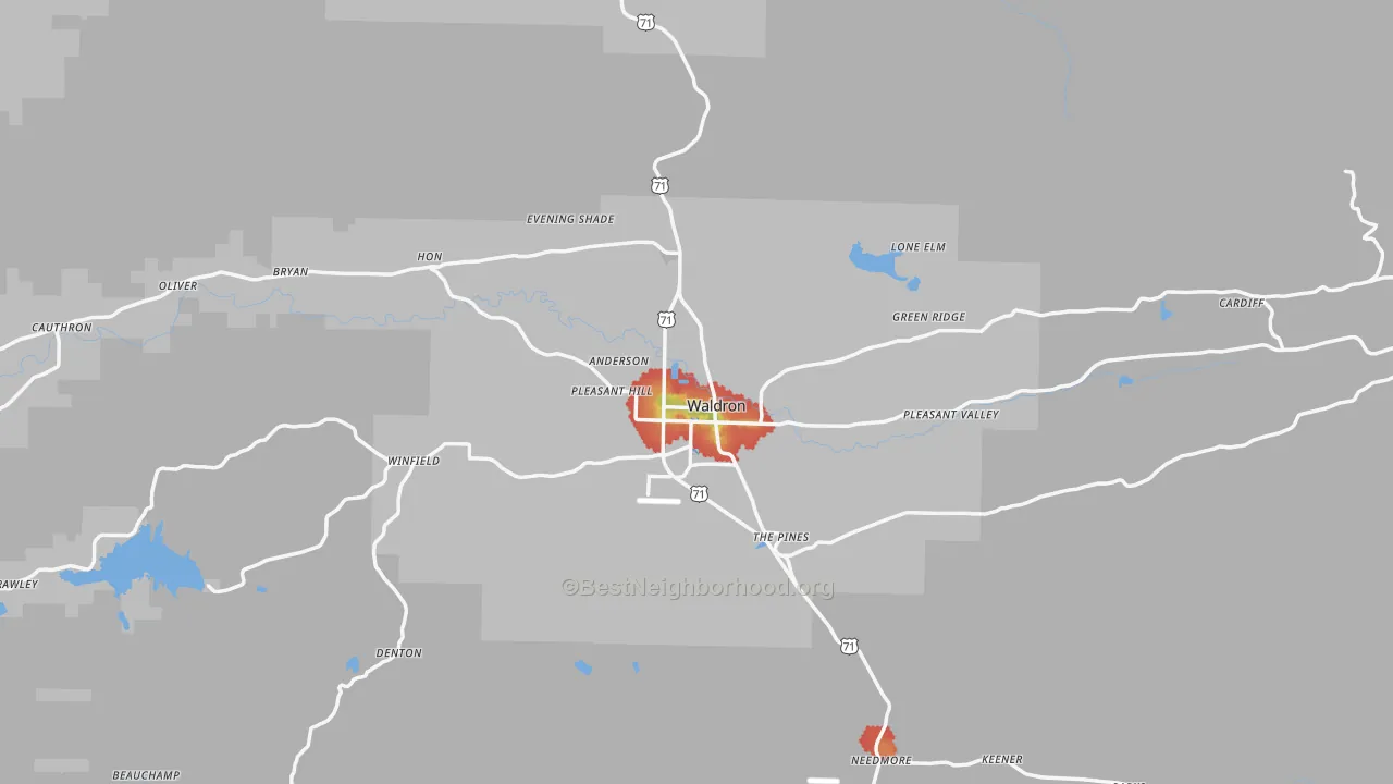 Walk Grade map of Scott County, AR, walkable areas in green and car-dependent areas in red