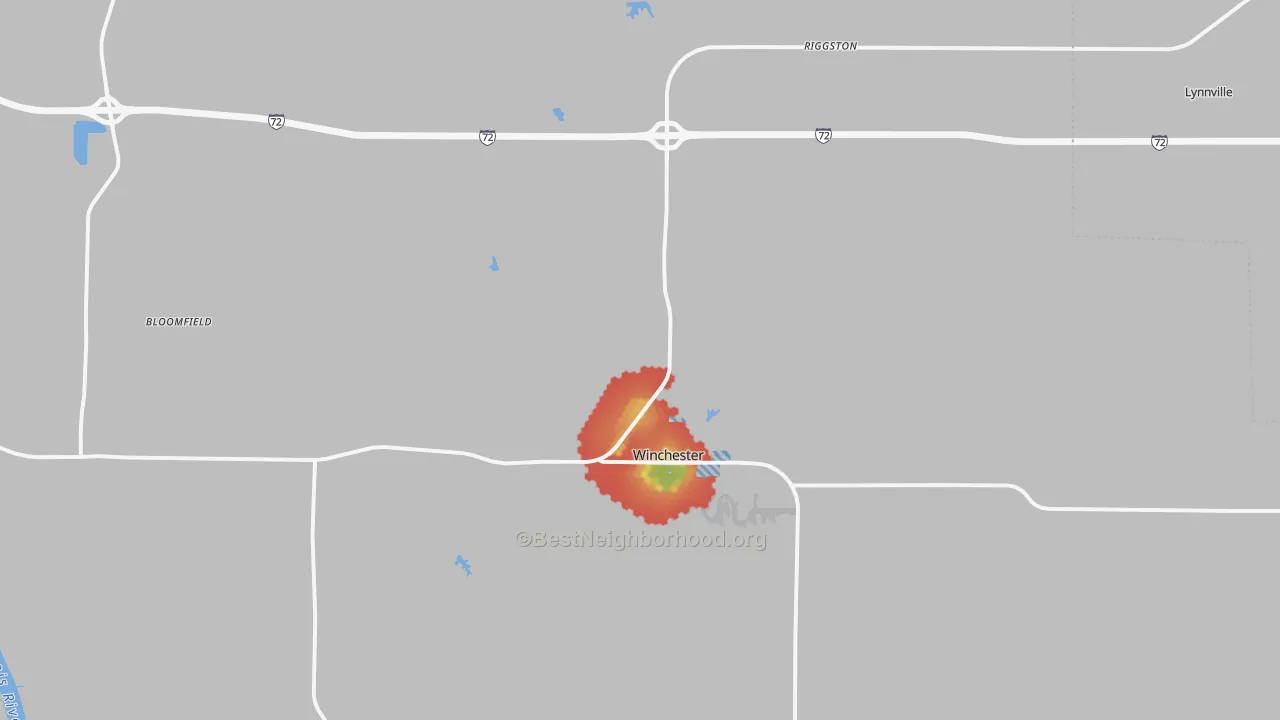 Walk Grade map of Scott County, IL, walkable areas in green and car-dependent areas in red