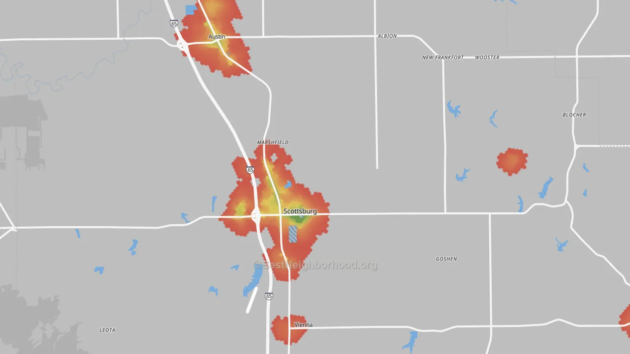 Walk Grade map of Scott County, IN, walkable areas in green and car-dependent areas in red