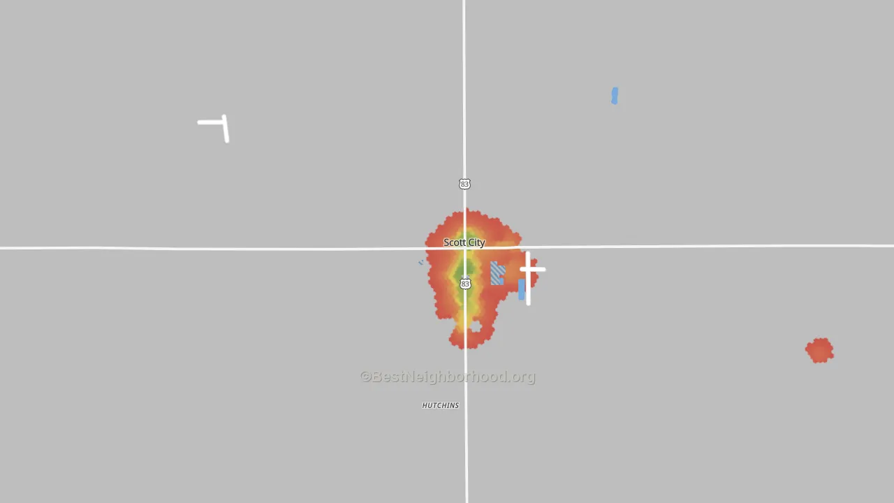 Walk Grade map of Scott County, KS, walkable areas in green and car-dependent areas in red