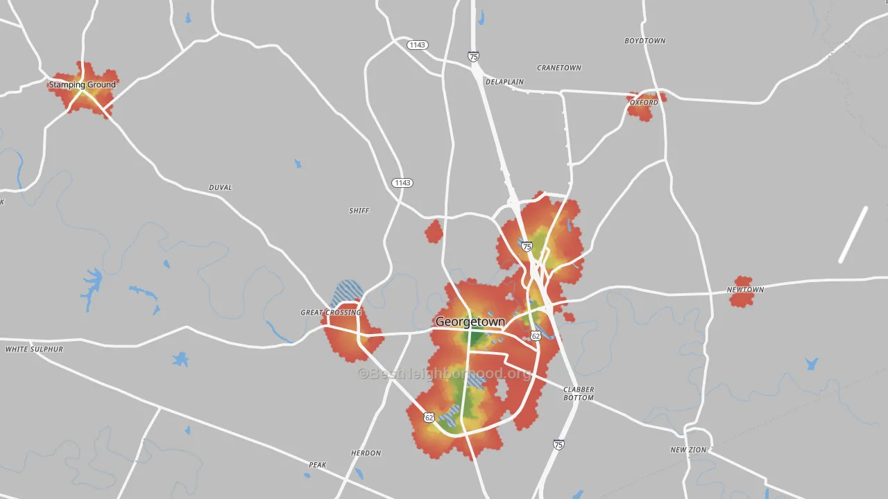 Walk Grade map of Scott County, KY, walkable areas in green and car-dependent areas in red