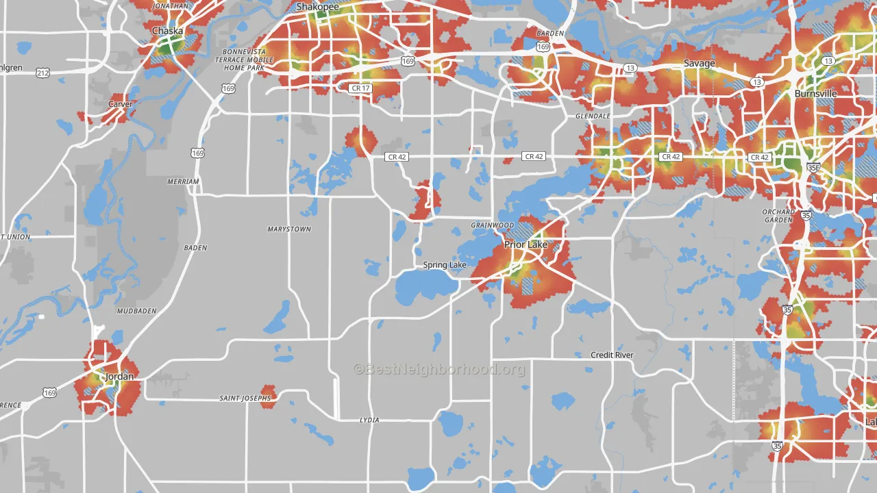 Walk Grade map of Scott County, MN, walkable areas in green and car-dependent areas in red