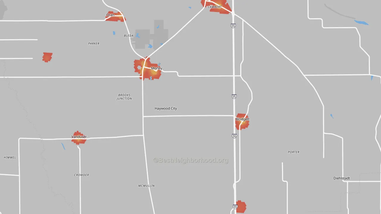 Walk Grade map of Scott County, MO, walkable areas in green and car-dependent areas in red