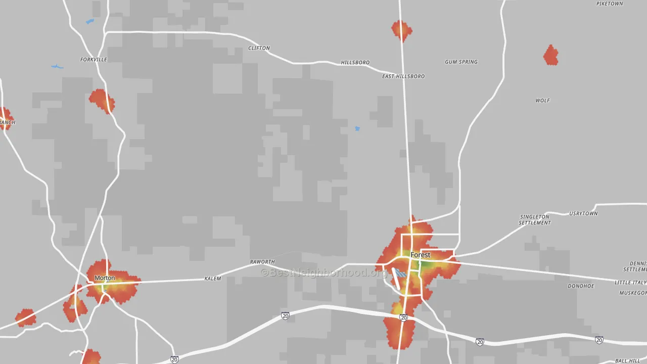 Walk Grade map of Scott County, MS, walkable areas in green and car-dependent areas in red