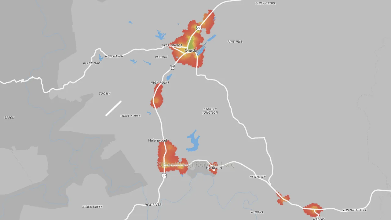 Walk Grade map of Scott County, TN, walkable areas in green and car-dependent areas in red