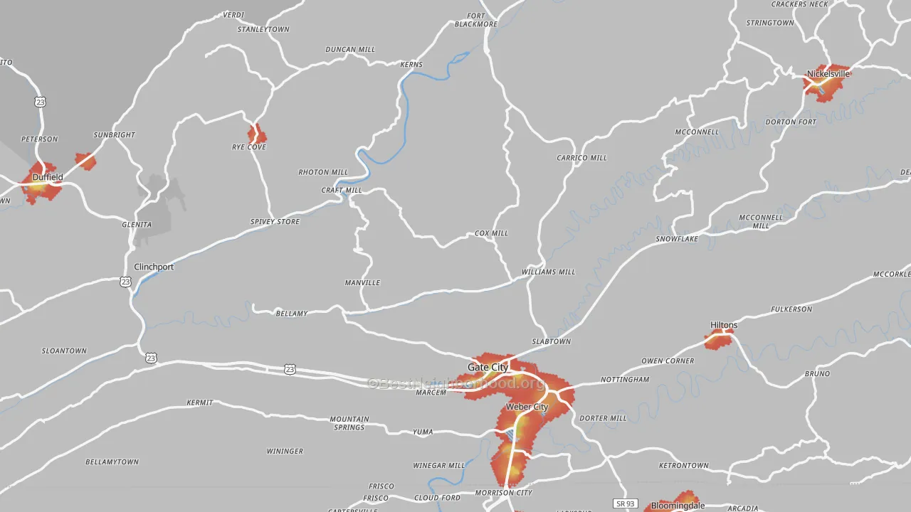 Walk Grade map of Scott County, VA, walkable areas in green and car-dependent areas in red