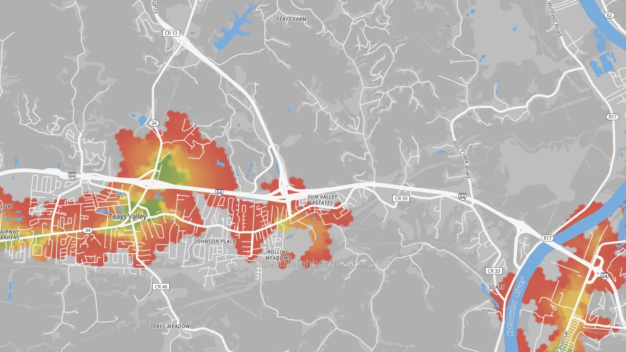 Walk Grade map of Scott Depot, WV, walkable areas in green and car-dependent areas in red