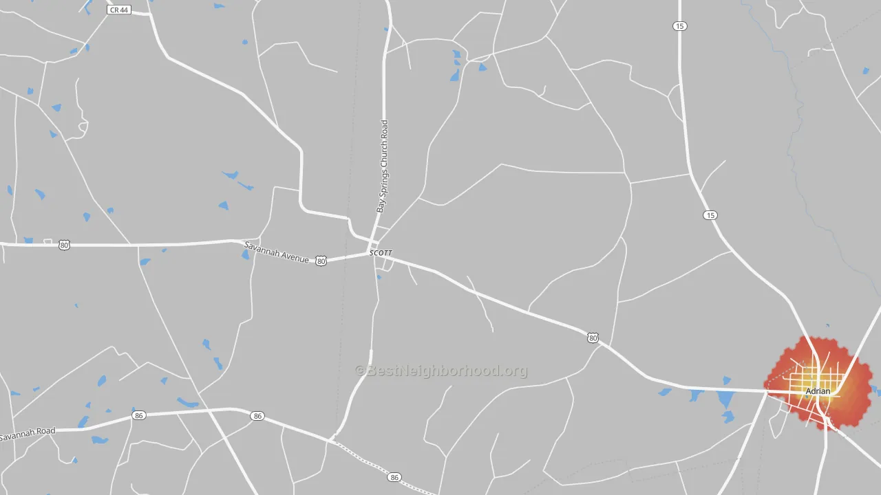 Walk Grade map of Scott, GA, walkable areas in green and car-dependent areas in red