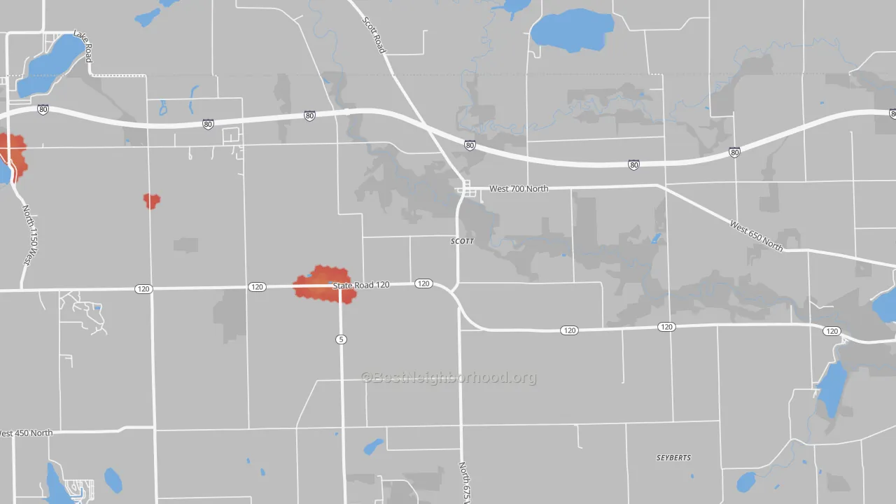 Walk Grade map of Scott, IN, walkable areas in green and car-dependent areas in red