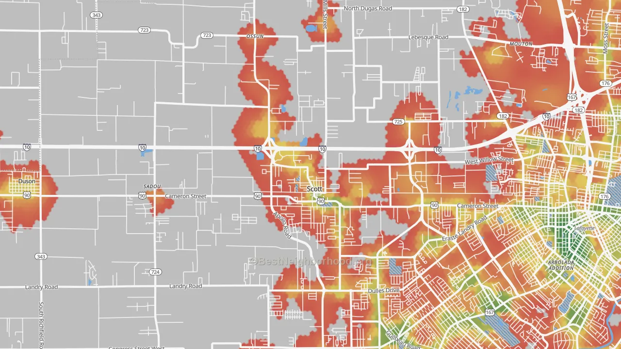 Walk Grade map of Scott, LA, walkable areas in green and car-dependent areas in red