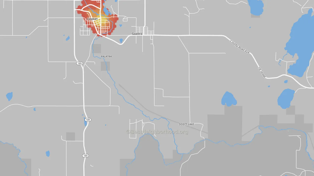 Walk Grade map of Scott Lake, MI, walkable areas in green and car-dependent areas in red