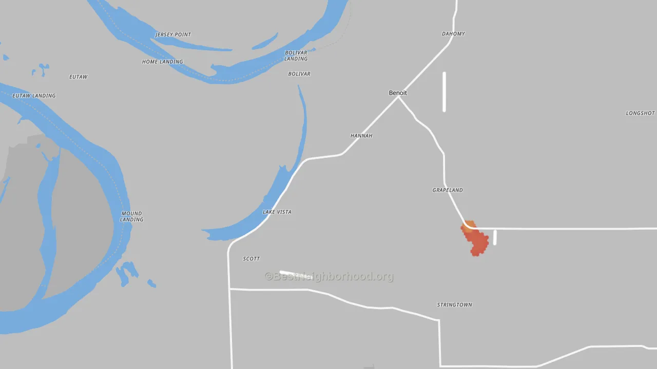 Walk Grade map of Scott, MS, walkable areas in green and car-dependent areas in red