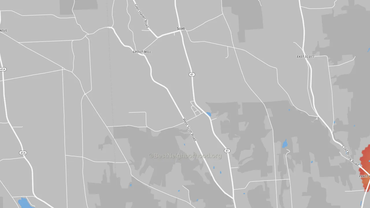 Walk Grade map of Scott, NY, walkable areas in green and car-dependent areas in red